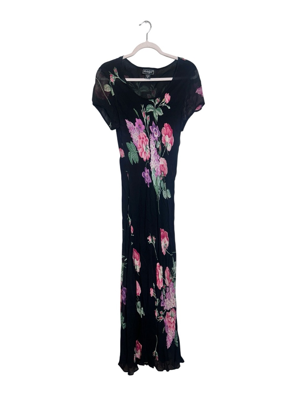 Vintage Black Floral Maxi Dress with Pink & Green Blooms
